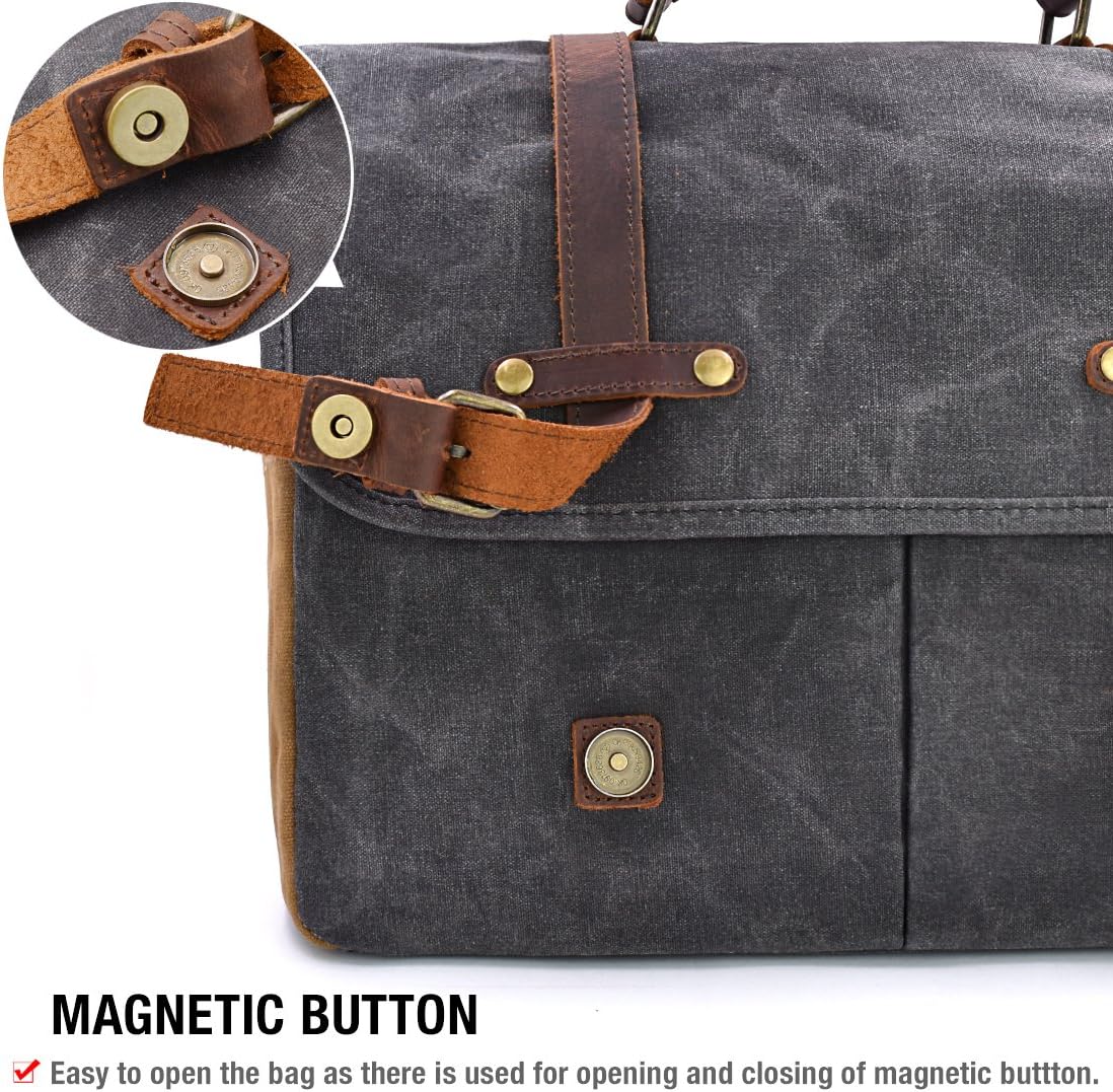 Mens Messenger Bag 15.6 Inch Waterproof Vintage Genuine Leather Waxed Canvas Briefcase Large Leather Computer Laptop Bag Rugged Satchel Shoulder Bag， Brown - Image 8